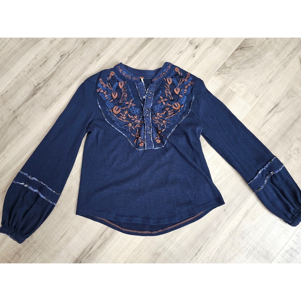 Free People Navy Blue Floral Embroidered Thermal Knit Henley Top Small